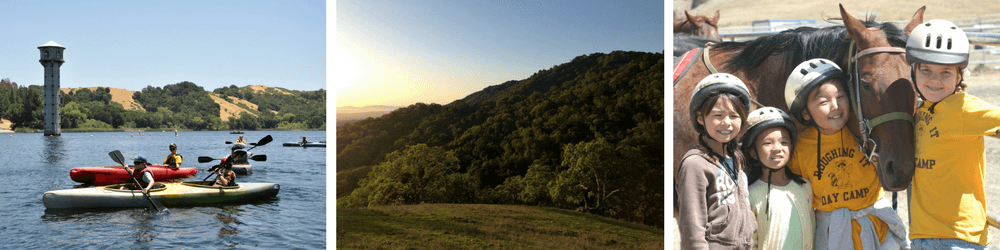 Teen Campers Kayak out Across the Lafayette Reservoir, Sun Sets over Alamo Hillside, Young Campers Make Friends With Horse