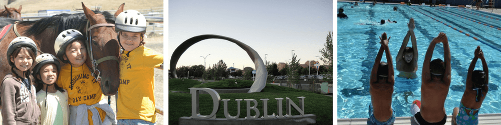 Young Campers Make Friends with Horse, Metal Sculpture Curls Behind Large "Dublin" Sign, Swimmers Perfect Their Streamlines During Lesson