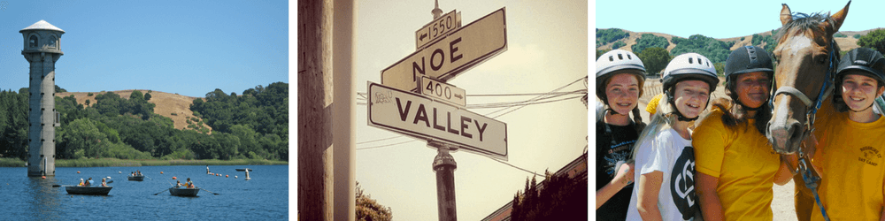 Campers Row Out Across the Lafayette Reservoir, "Noe" and "Valley" Street Signs Intersect in Noe Valley, Teen Campers Smile with a Horse Favorite