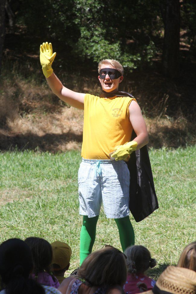 Roughing It Super Hero, Captain Caboodle, makes an appearance for campers, staff and parents at the lafayette reservoir