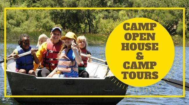 campers and counsleors rowing in boat at lafayette reservoir, with words camp open house and camp tours