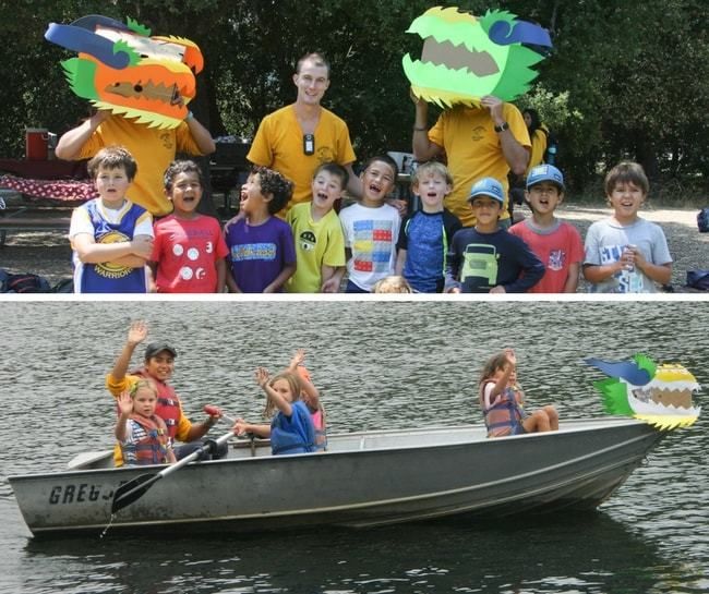 campers and staff dress up at lafayette reservoir, row in rowboat 