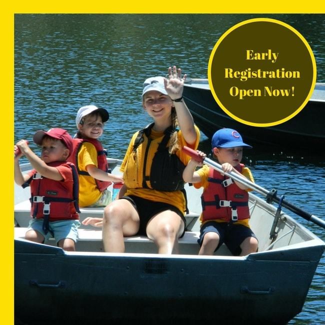 campers and counselor in row boat at Lafayette Reservoir with words early registration open now for roughing it day camp 